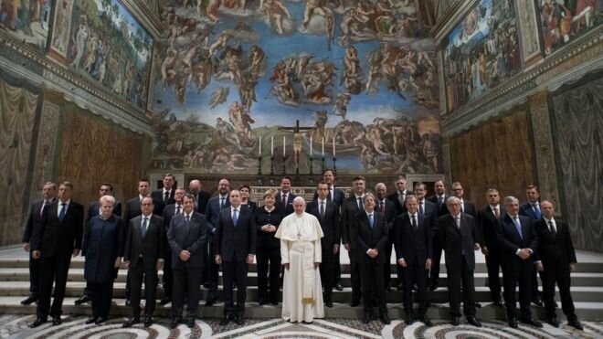 EU leaders with Pope Francis (centre) on the eve of the anniversary summit