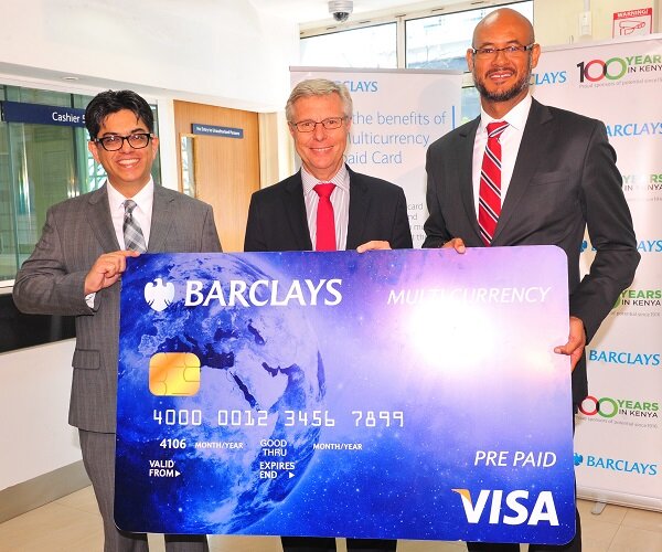 Jeremy Awori, Barclays Bank Managing Director, Roy Ross, Chief Executive, Retail & Business Banking, Rest of Africa and Zahid Mustafa, Retail & Business Banking Director, Barclays Bank during the launch of the multi-currency card.