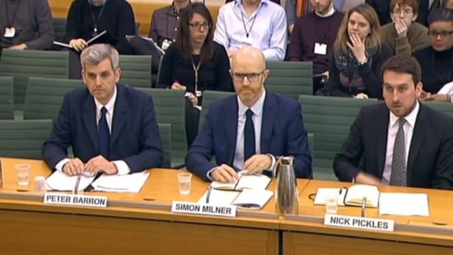 Executives from Google, Facebook and Twitter (L-R) were questioned by the Home Affairs select committee