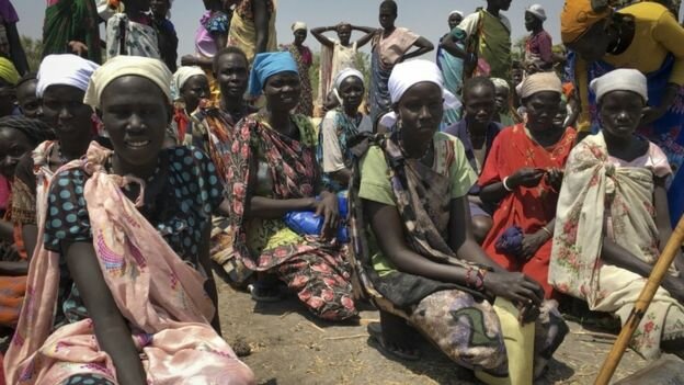 Last month, a famine was declared in parts of South Sudan, where people are queuing to receive humanitarian aid 