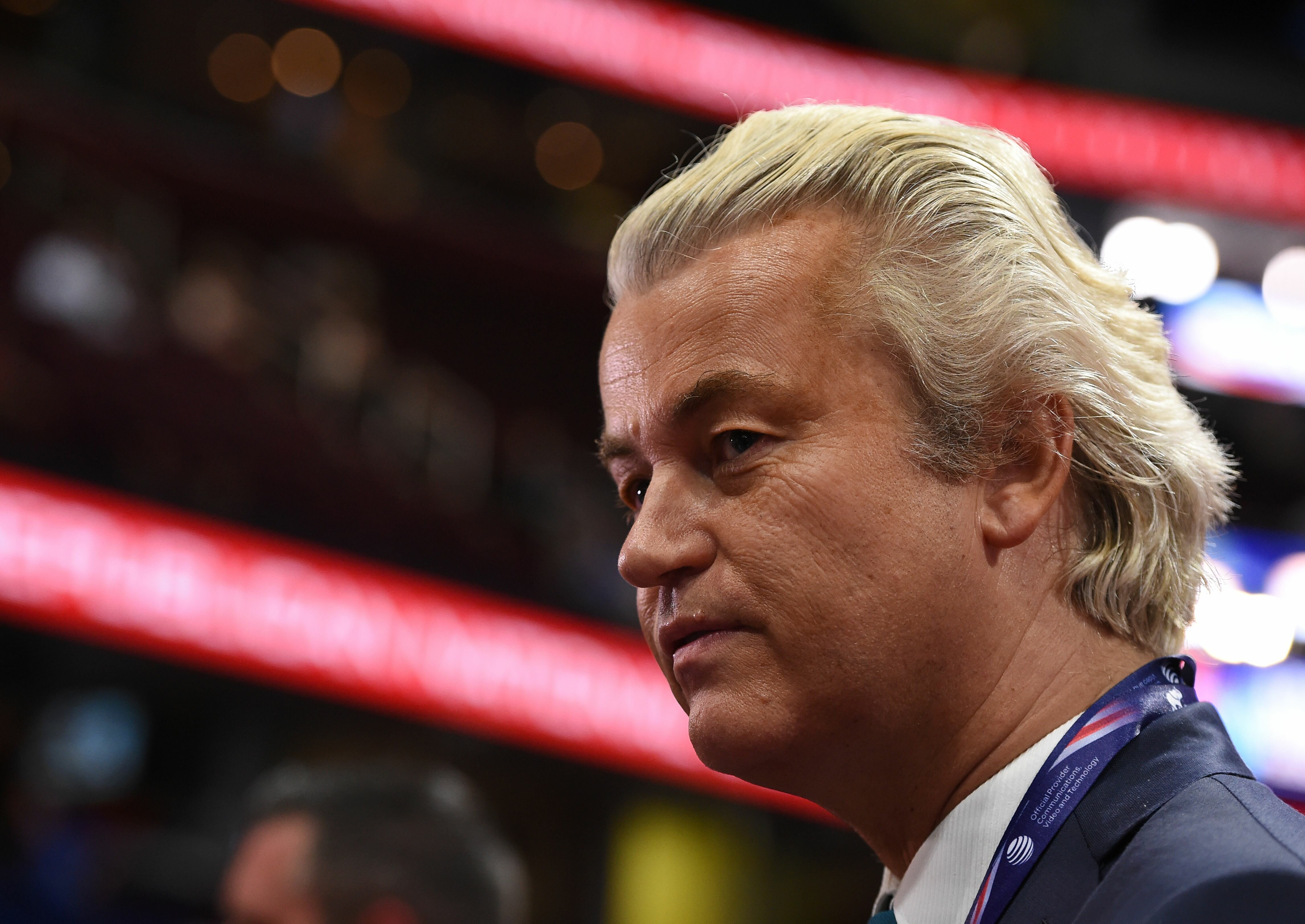 Dutch politician Gert Wilders is seen on the convention floor before the start of the second day of the Republican National Convention on July 19, 2016 at Quicken Loans Arena in Cleveland, Ohio. About 50,000 people are expected in Cleveland this week for the Republican National Convention, at which Donald Trump is expected to be formally nominated to run for the US presidency in November. / AFP / Robyn BECK (Photo credit should read ROBYN BECK/AFP/Getty Images)