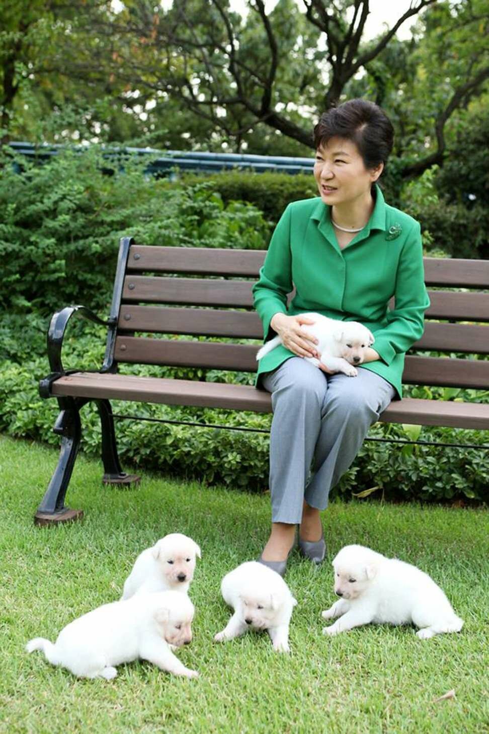 South Korea's former president Park Geun-hye and her pet dogs are seen in this handout picture provided by the Presidential Blue House and released by News1 on September 20, 2015. The Presidential Blue House/News1 via REUTERS ATTENTION EDITORS - THIS IMAGE HAS BEEN SUPPLIED BY A THIRD PARTY. SOUTH KOREA OUT. FOR EDITORIAL USE ONLY. NO RESALES. NO ARCHIVE.